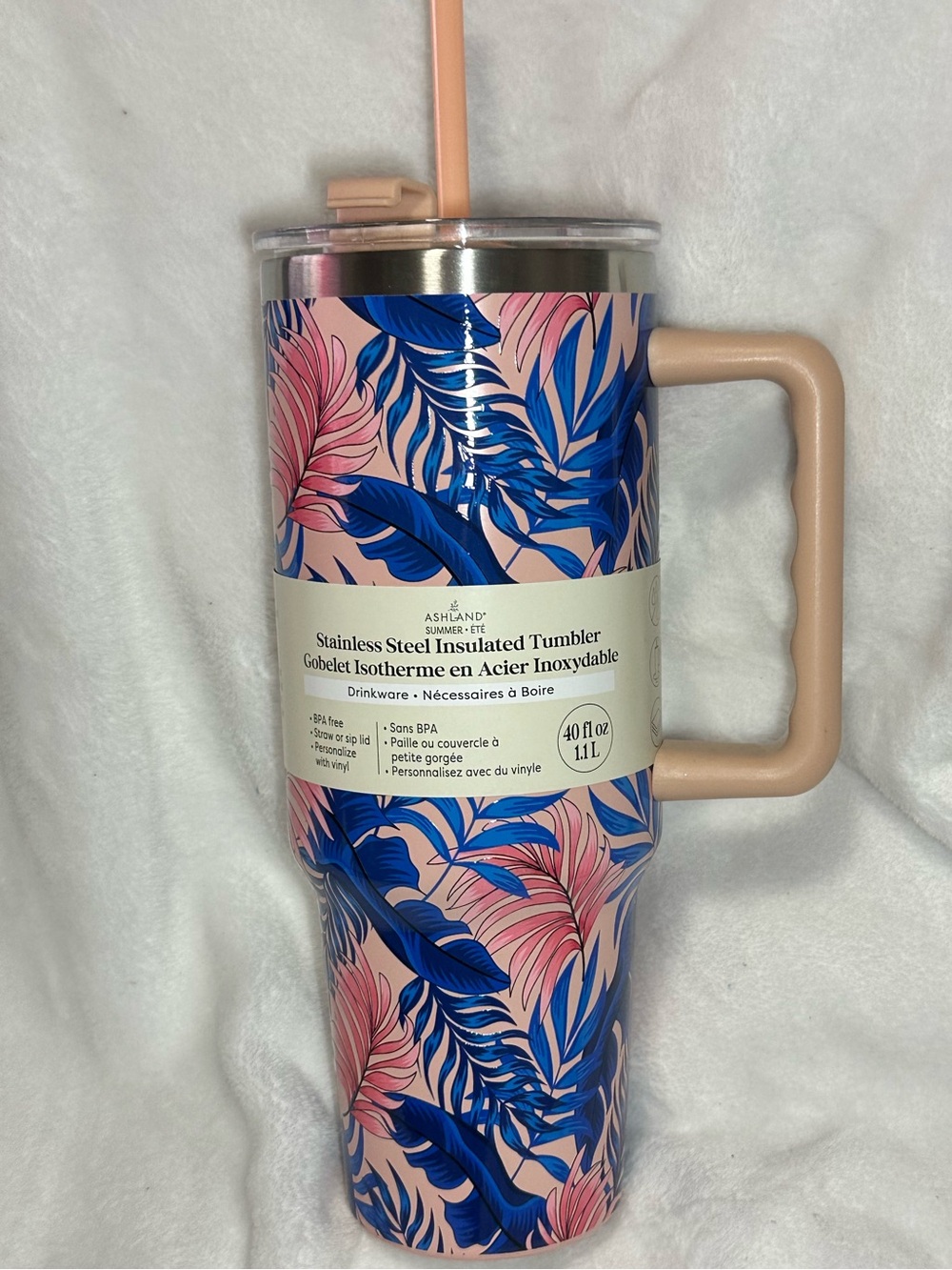 Ashland Summer/Été Collection Pink & Navy Tropical Palm Tumbler